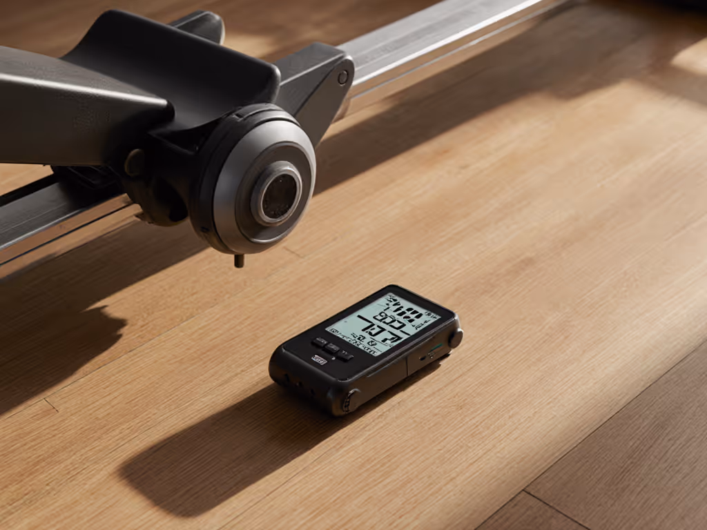 decibel_measurement_setup_showing_db_meter_and_rower_on_hardwood_floor